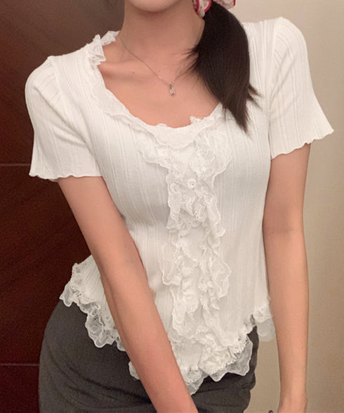 レースフリルニットトップスショート丈夏服 サマーニットレディース ラッフルレースニットソー 甘めコーデ お洒落 コンパクト タイトニット 半袖ニットTシャツ韓国風 6SENZHU-001